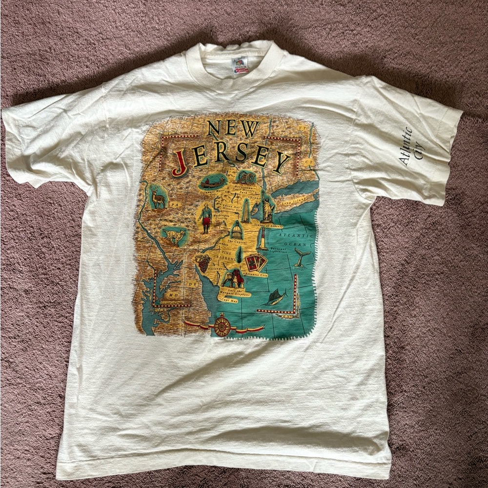 Vintage Fruit of the Loom New Jersey Map T-Shirt Atlantic City Cream Large USA